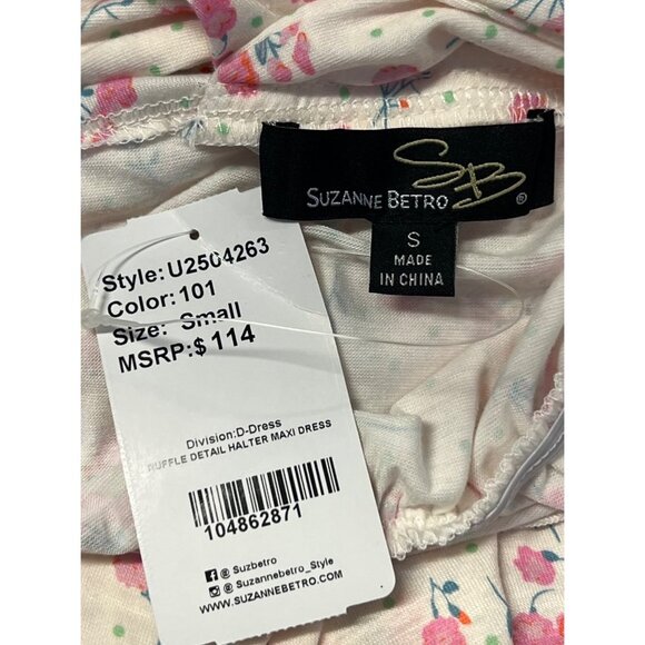 Suzanne Betro Floral Ruffle Halter Maxi Dress Size 8 Cream Pink V-Neck Women New - Picture 8 of 11